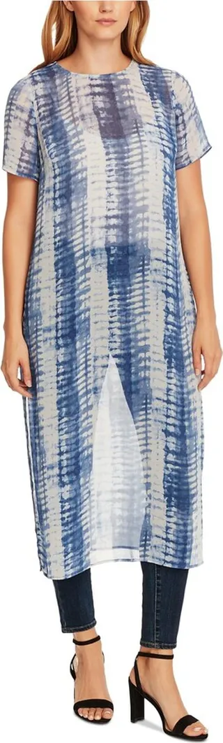 Linear Shibori Womens Sheer Tie-Dye Tunic Top