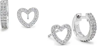 2-Pair Rhodium Plated & Cubic Zirconia Stud & Huggie Earrings Set