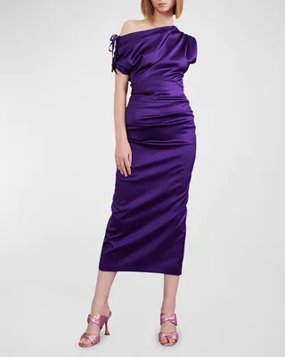 Tie Draped One-Shoulder Satin Midi Dress