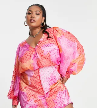 ASOS DESIGN Curve button up mini dress with blouson sleeve in bright textured abstract print