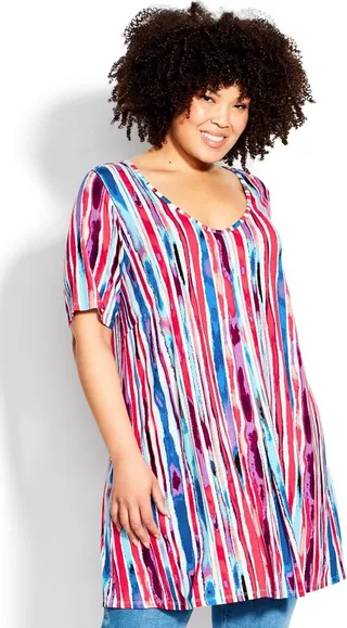 AVENUE| Women's Plus Size Liv Pleat Print Tunic - berry stripe - 18W