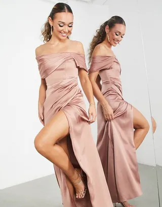 ASOS EDITION satin off-the-shoulder drape wrap maxi dress in cinnamon rose