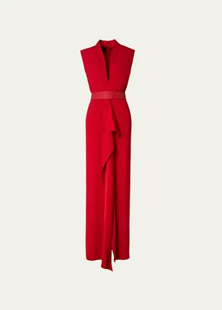 Belted Crepe Gown with Ruffle Front Detail