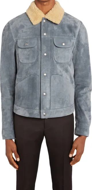 Calfskin Suede Trucker Jacket with Genuine Shearling Trim
