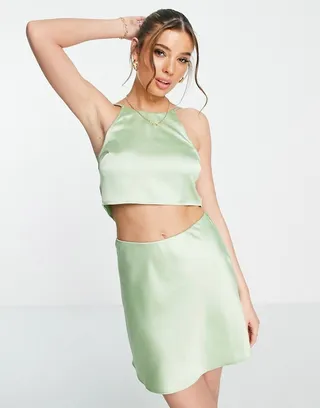 Miss Selfridge satin halter tie back crop top in sage