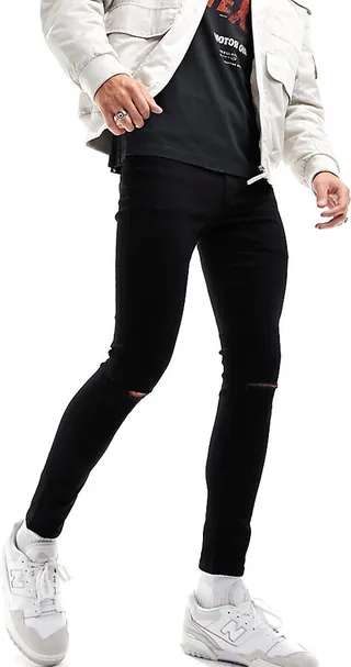 ASOS DESIGN spray on jeans with power stretch with knee rips in black