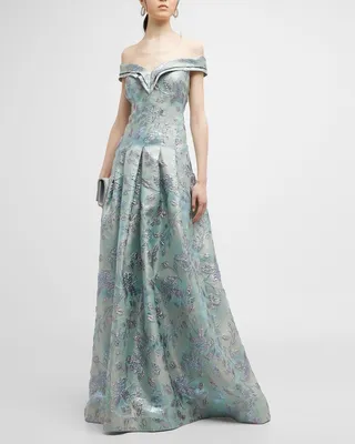 Off-Shoulder Box Pleat Floral Jacquard Gown