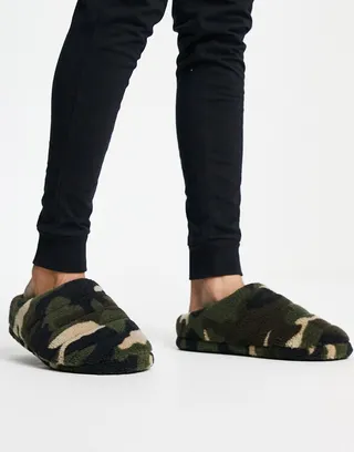 ASOS DESIGN puffer slippers in teddy borg camo print