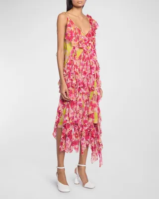 Daylin Asymmetric Midi Dress with Floral-Print Ruffles