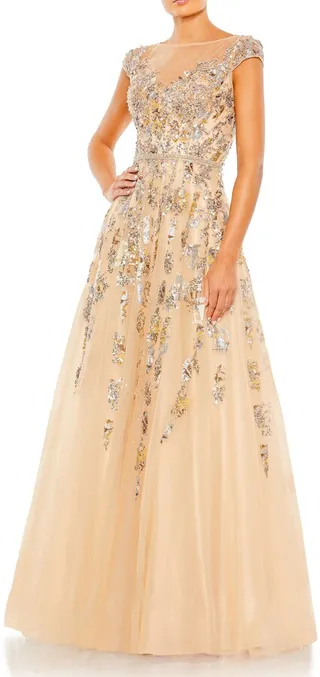 Sequin Cap Sleeve Chiffon Ballgown