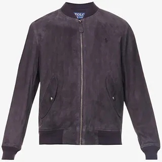 Mens Collection Navy Gunners Stand-collar Logo-embroidered Leather Jacket