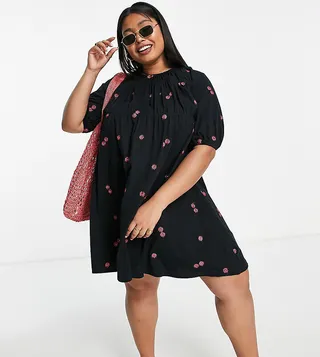 ASOS DESIGN Curve tiered mini smock dress in black with red floral embroidery