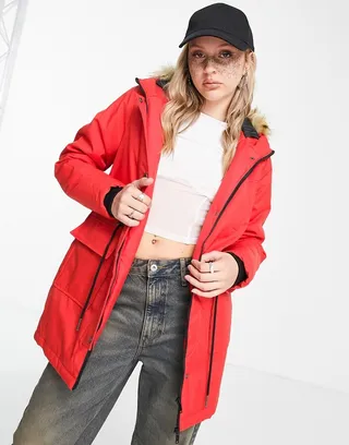 Noisy May faux-fur hood parka in bright red