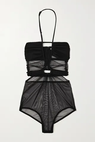 Nensi Dojaka - Cutout Gathered Stretch-tulle And Jersey Halterneck Bodysuit - Black