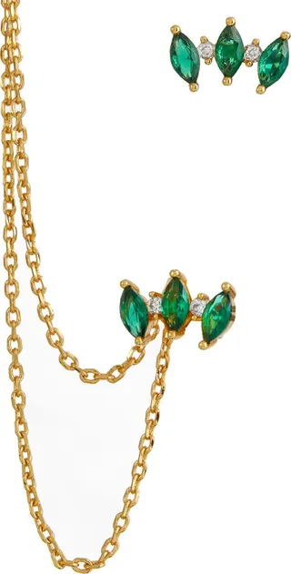 18K Yellow Gold Plated Cubic Zirconia Mismatched Chain Climber Earrings