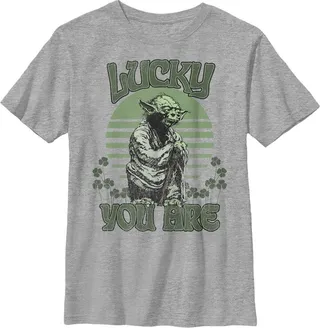 Boy's Star Wars St. Patrick's Day Yoda Lucky You Are Clovers T-Shirt - Athletic Heather - Large