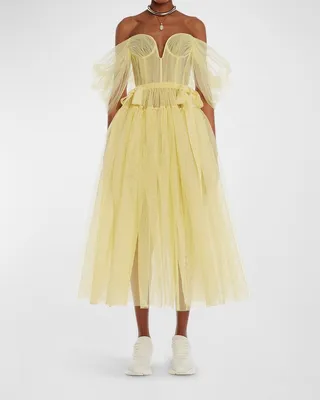 Off-the-Shoulder Tulle Midi Dress