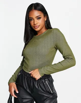 adidas Originals ribbed cropped top in khaki