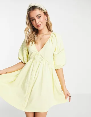 ASOS DESIGN mini smock dress with sleeve detail and embroidery in yellow