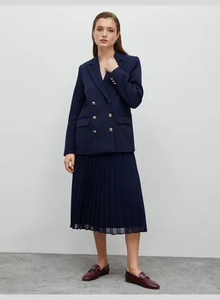 Lined High Rise Elastic Waist Midi Pleated Skirt