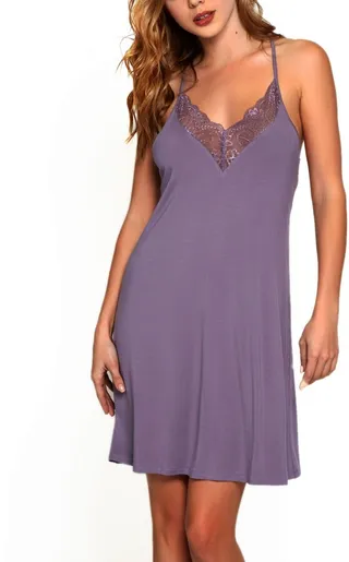 Women's Olivia Soft Viscose Halter Neck Chemise Lingerie with Lace Trim and Shoulder Straps