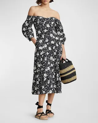 Floral Off-the-Shoulder Linen Midi Dress
