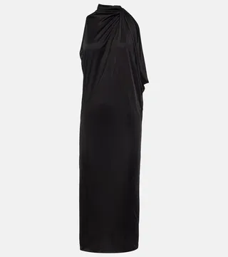 Cutout turtleneck satin midi dress