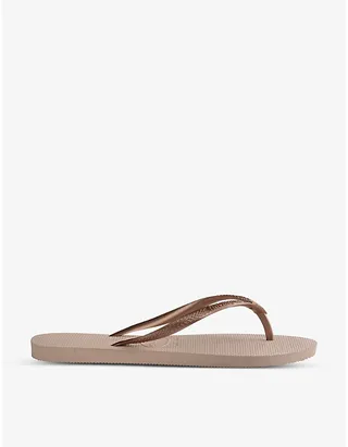 Womens Pink Slim Crystal-embellished Rubber Flip-flops