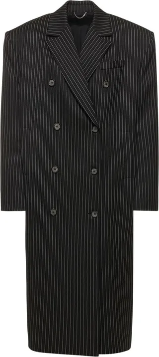 Wool blend twill long striped coat