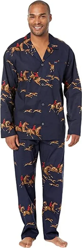 Polo Ralph Lauren Folded Woven Long Sleeve PJ Top PJ Pants (Cruise Navy Equestrian Print) Men's Pajama Sets