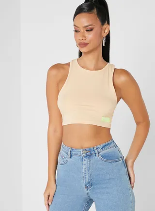 Label Detail Racer Neck Crop Top