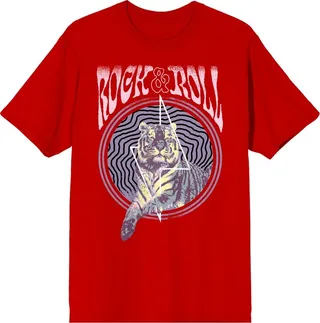 Vintage-Style "Rock N Roll" Tiger Men's Red Short Sleeve Crew Neck Tee-Large