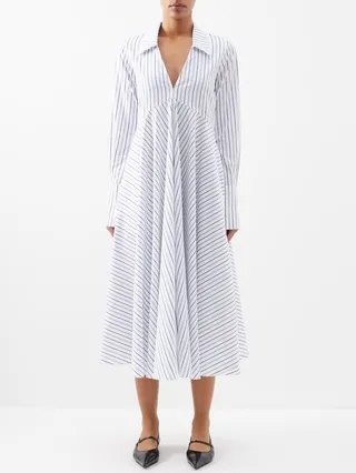 Striped V-neck Cotton Midi Shirt Dress