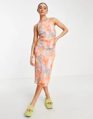 ASOS DESIGN mesh maxi dress with ruched sides in blurred abstract print