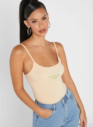 Scoop Neck Strappy Slogan Bodysuit