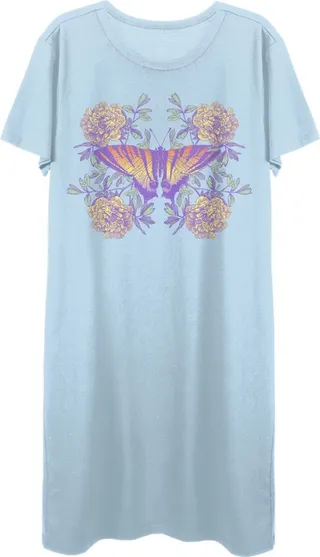 Vintage Floral Gradient Butterfly Crew Neck Short Sleeve Light Blue Women’s Night Shirt-Medium