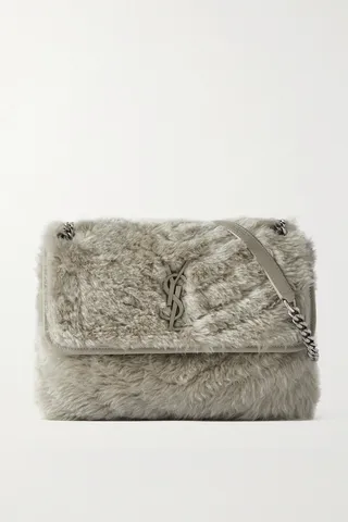 SAINT LAURENT - Niki Medium Quilted Shearling Shoulder Bag - Gray