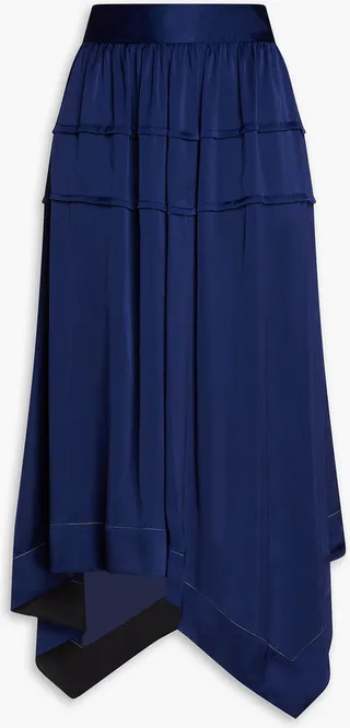 Asymmetric pleated gathered satin midi skirt