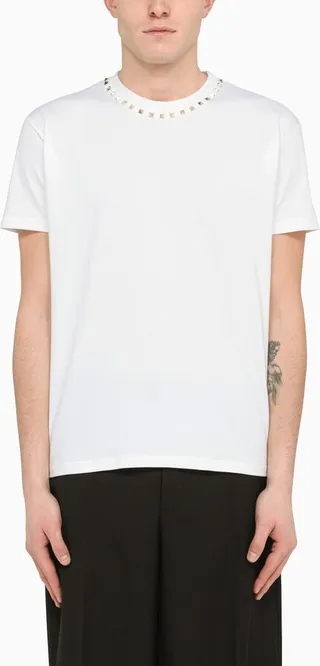 White Crew-neck Long Sleeve Shirt With Studs
