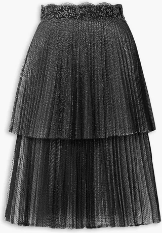 Tiered pleated metallic mesh and point d'esprit midi skirt