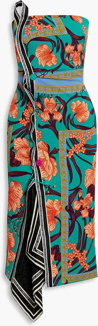 Strapless asymmetric printed silk-blend satin midi dress