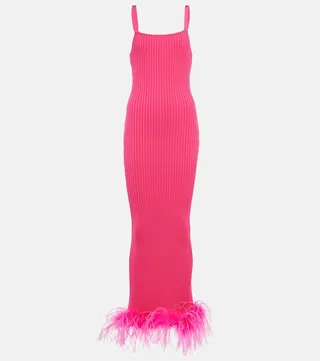 Rib-knit feather-trimmed dress