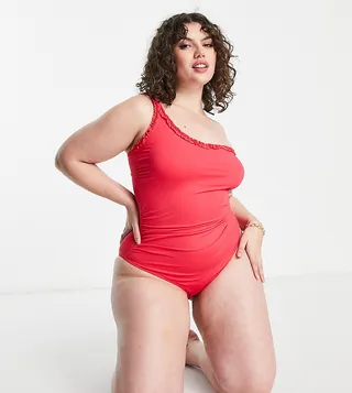 Simply Be open shoulder frill detail swimsuit in red