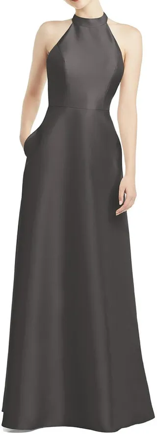 High-Neck Cutout Satin Dress with Pockets