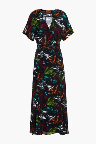 Belted pleated printed crepe maxi dress