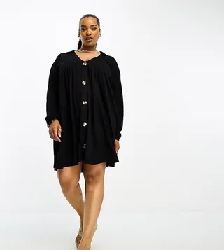 ASOS DESIGN Curve long sleeve mini smock dress with buttons in black