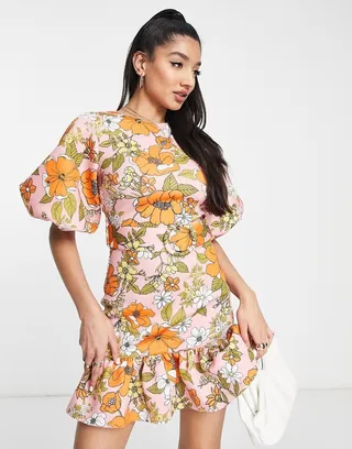 ASOS DESIGN belted peplum tiered mini dress in retro floral print