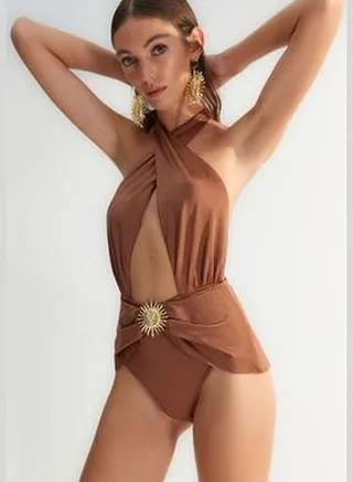 X Zeynep Tosun Brown Sun Accessory Detailed Swimsuit TCLSS23MA00001