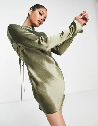 ASOS DESIGN satin mini dress with back strap tie detailing in green