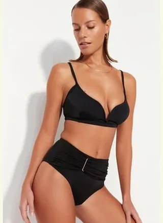 Black Accessorized High Waist Bikini Bottoms With Regular Legs TBESS23BA00197